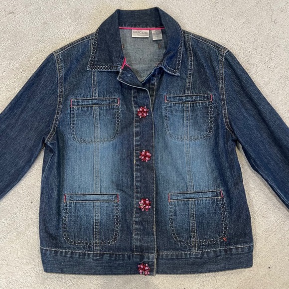 Chicos Denim Jacket‎ Embellished Pink Floral Button Front Jean Jacket - Picture 1 of 10